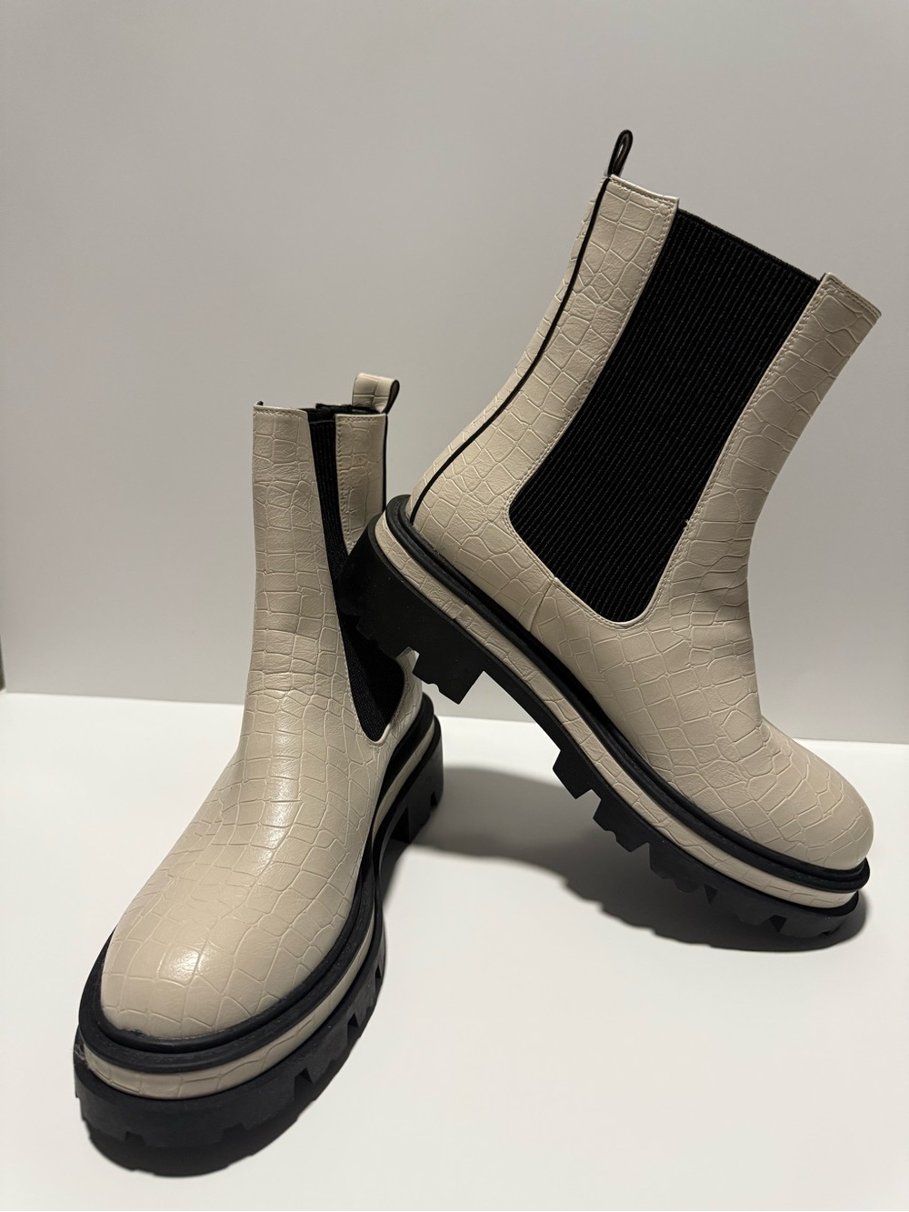 Chunky Croc-Embossed Chelsea Booties in Cream